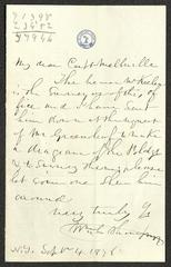 Letter to Captain Thomas Melville, Governor of Sailors' Snug Harbor, from William C. Thompson, September 4, 1876