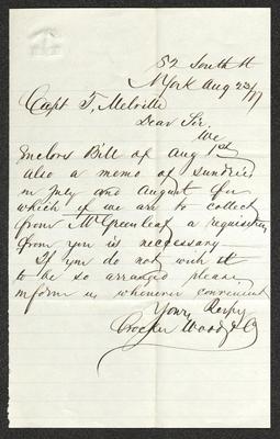 Letter to Captain Thomas Melville, Governor of Sailors' Snug Harbor, from Crocker, Wood &amp; Co., August 23, 1877