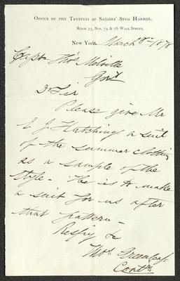 Letter to Captain Thomas Melville, Governor of Sailors' Snug Harbor, from Thomas Greenleaf, Controller, Office of the Trustees of Sailors' Snug Harbor, March 8, 1878