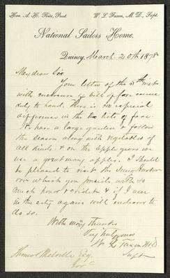 Letter to Captain Thomas Melville, Governor of Sailors' Snug Harbor, from W. L. Faxon, MD, Superintendent, National Sailors' Home, March 20, 1878