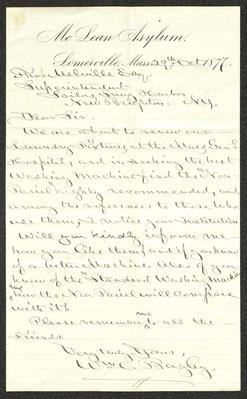 Letter to Captain Thomas Melville, Governor of Sailors' Snug Harbor, from William C. Bagley, of the McLean Asylum, October 29, 1877