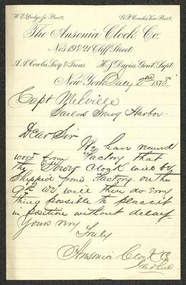 Letter to Captain Thomas Melville, Governor of Sailors' Snug Harbor, from Ansonia Clock Co., July 2, 1878