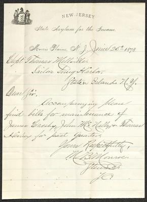 Letter to Captain Thomas Melville, Governor of Sailors' Snug Harbor, from  M. [Martin] B. Monroe, of the New Jersey State Asylum for the Insane, Morris Plains, N.J., June 5, 1878