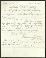 Letter to R. P. Smythe, Superintendent of Sailors' Snug Harbor, from Ansonia Clock Co., August 28, 1878