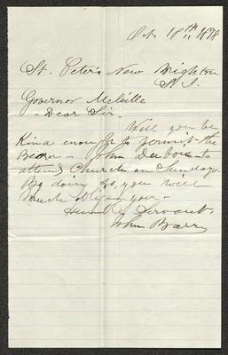 Letter to Captain Thomas Melville, Governor of Sailors' Snug Harbor, from Father John Barry, of St. Peter's Church, October 18, 1878