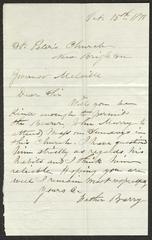 Letter to Captain Thomas Melville, Governor of Sailors' Snug Harbor, from Father John Barry, of St. Peter's Church, October 15, 1878