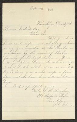 Letter to Captain Thomas Melville, Governor of Sailors' Snug Harbor, from Miss L. H. Lounsbury, of Brooklyn, N.Y., December 27, 1878