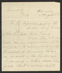 Letter to the Superintendent of Sailors' Snug Harbor, from Bettie Rousseau, Louisville, Ky., August 20, 1879