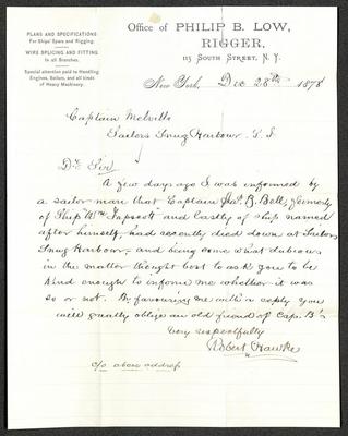 Letter to Captain Thomas Melville, Governor of Sailors' Snug Harbor, from Robert Hawke, of the office of Philip B. Low, Rigger, December 28, 1878