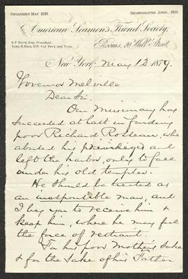 Letter to Captain Thomas Melville, Governor of Sailors' Snug Harbor, from Samuel H. Hall, American Seamen's Friend Society, May 12, 1879