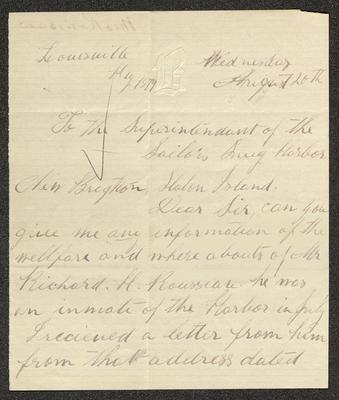 Letter to the Superintendent of Sailors' Snug Harbor, from Bettie Rousseau, Louisville, Ky., August 20, 1879