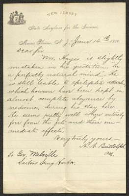 Letter to Captain Thomas Melville, Governor of Sailors' Snug Harbor, from H. [Horace] A. Buttolph, of the New Jersey State Asylum for the Insane, Morris Plains, N.J., June 14, 1880 xxx