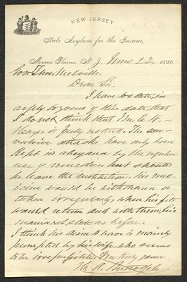 Letter to Captain Thomas Melville, Governor of Sailors' Snug Harbor, from H. [Horace] A. Buttolph, of the New Jersey State Asylum for the Insane, Morris Plains, N.J., June 22, 1880