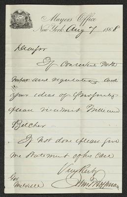 Letter to Captain Thomas Melville, Governor of Sailors' Snug Harbor, from John T. Hoffman, Mayor of New York City, August 7, 1868
