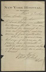 Letter to Doctor, Sailors' Snug Harbor, from Robt. [Robert] Roberts, New York Hospital, December 9, 1867