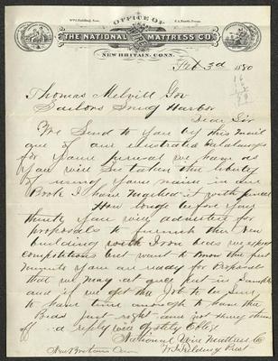 Letter to Captain Thomas Melville, Governor of Sailors' Snug Harbor, from W. [William] I. Fielding, of the National Wire Mattress Co., February 3, 1880