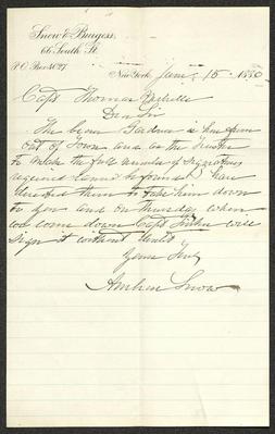 Letter to Captain Thomas Melville, Governor of Sailors' Snug Harbor, from Ambrose Snow, of Snow &amp; Burgess, June 15, 1880