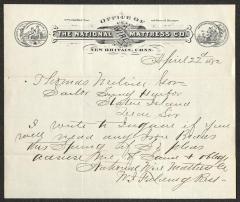 Letter to Captain Thomas Melville, Governor of Sailors' Snug Harbor, from W. [William] I. Fielding, of the National Wire Mattress Co., April 22, 1882