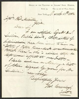 Letter to Captain Thomas Melville, Governor of Sailors' Snug Harbor, from Thomas Greenleaf, Controller, Office of the Trustees of Sailors' Snug Harbor, March 11, 1882