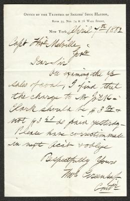 Letter to Captain Thomas Melville, Governor of Sailors' Snug Harbor, from Thomas Greenleaf, Controller, Office of the Trustees of Sailors' Snug Harbor, April 7, 1882