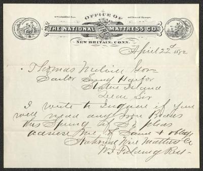 Letter to Captain Thomas Melville, Governor of Sailors' Snug Harbor, from W. [William] I. Fielding, of the National Wire Mattress Co., April 22, 1882