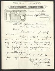 Letter to the Officer in Command of Sailors' Snug Harbor from G. W. [George Washington] Alexander, Sanitary Engineer, Baltimore, Md., April 5, 1882
