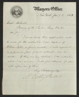 Letter to Captain Thomas Melville, Governor of Sailors' Snug Harbor, from A. [Abraham] Oakey Hall, Mayor of New York, January 8, 1869