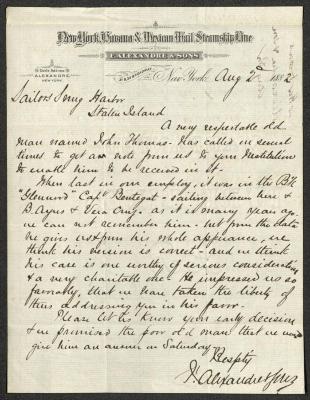 Letter to Sailors' Snug Harbor, from F. Alexandre &amp; Sons, New York, Havana &amp; Mexican Mail Steamship Line, August 2, 1882