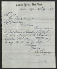 Letter to Captain Thomas Melville, Governor of Sailors' Snug Harbor, and Captain [Henry A.] Curtis, Steward of Sailors' Snug Harbor, from Mr. [Moses Hicks] Grinnell, October 13, 1869