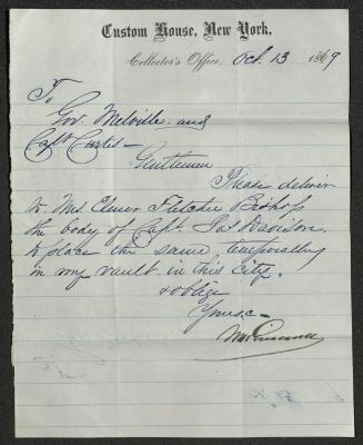 Letter to Captain Thomas Melville, Governor of Sailors' Snug Harbor, and Captain [Henry A.] Curtis, Steward of Sailors' Snug Harbor, from Mr. [Moses Hicks] Grinnell, October 13, 1869