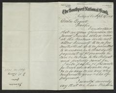 Letter to Doctor Bogert [Stephen Van Rensselaer Bogart], physician, Sailors' Snug Harbor, from Francis D. Perry, of Southport National Bank September 14, 1868