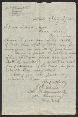Letter to the Superintendent of Sailors' Snug Harbor from J. [John] W. Ferrier, of J. N. Hegeman &amp; Co., August 27, 1882
