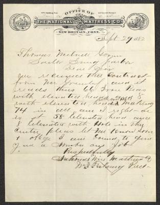 Letter to Captain Thomas Melville, Governor of Sailors' Snug Harbor, from W. [William] I. Fielding, of the National Wire Mattress Co., September 29, 1882