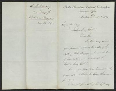 Letter to the Superintendent of Sailors' Snug Harbor from B. [Benjamin] B. Torrey, of Boston Providence Railroad Corporation, December 28, 1871