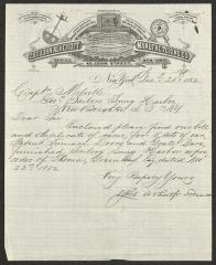 Letter to Captain Thomas Melville, Governor of Sailors' Snug Harbor, from John Ashcroft, of the John Ashcroft Manufacturing Company, December 21, 1882