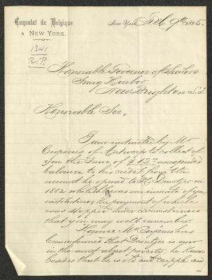 Letter to the Governor of Sailors' Snug Harbor, from Charles Mali, Belgian Consulate, February 9, 1885