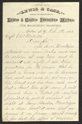 Letter to Captain Thomas Melville, Governor of Sailors' Snug Harbor, from Lewis &amp; Case, February 5, 1883