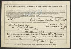 Telegram to Austin or Annie Dean, from from Captain Gustavus D. S. Trask, Governor of Sailors' Snug Harbor, May 18, 1885