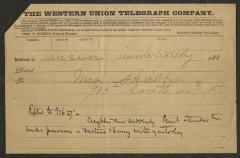 Telegram to Sailors' Snug Harbor, from Mrs. [J.] Shields, February 1885