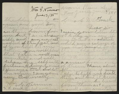 Letter to Captain Gustavus D. S. Trask, Governor of Sailors' Snug Harbor, from Wm. [William] G. Nimmo, Inmate, Sailors’ Snug Harbor, June 17, 1885
