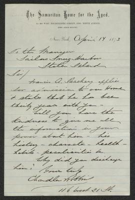 Letter to the Manager of Sailors' Snug Harbor, from Chandler Robbins, of the Samaritan Home for the Aged, April 14, 1873