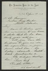 Letter to the Manager of Sailors' Snug Harbor, from Chandler Robbins, of the Samaritan Home for the Aged, April 14, 1873