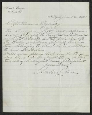 Letter to Captain Thomas Melville, Governor of Sailors' Snug Harbor, from Ambrose Snow, of Snow &amp; Burgess, January 12, 1874