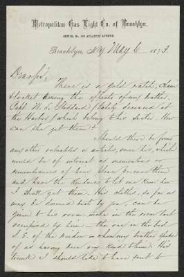 Letter to Captain Thomas Melville, Governor of Sailors' Snug Harbor, from C. H. [Charles Henry] Stoddard, May 6, 1873