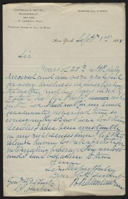 Letter to Captain Gustavus D. S. Trask, Governor of Sailors' Snug Harbor, from B. [Benjamin] R. Mclaurin, former inmate, Sailors’ Snug Harbor, September 1, 1888