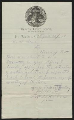 Letter to Captain Gustavus D. S. Trask, Governor of Sailors' Snug Harbor, from D. [David] C. Wood, Inmate, Sailors’ Snug Harbor, August 20, 1889