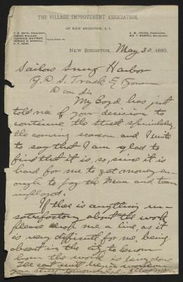 Letter to Captain Gustavus D. S. Trask, Governor of Sailors' Snug Harbor, from Albert Willcox, Village Improvement Association of New Brighton, May 30, 1889