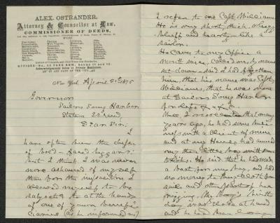 Letter to the Governor of Sailors' Snug Harbor from Alex Ostrander, April 20, 1875