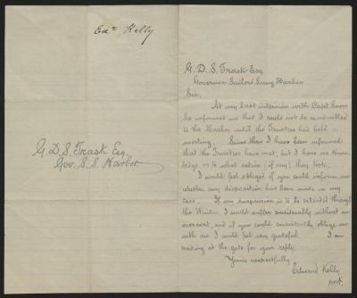 Letter to Captain Gustavus D. S. Trask, Governor of Sailors' Snug Harbor, from Edward Kelly, former inmate, Sailors’ Snug Harbor