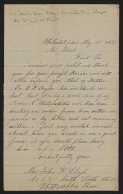 Letter to Captain Gustavus D. S. Trask, Governor of Sailors' Snug Harbor, from John H. Lloyd, May 18, 1890